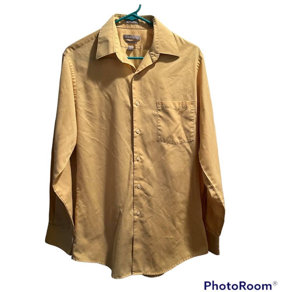 Van Heusen Mens Fitted Sateen Striped Yellow Collared Shirt